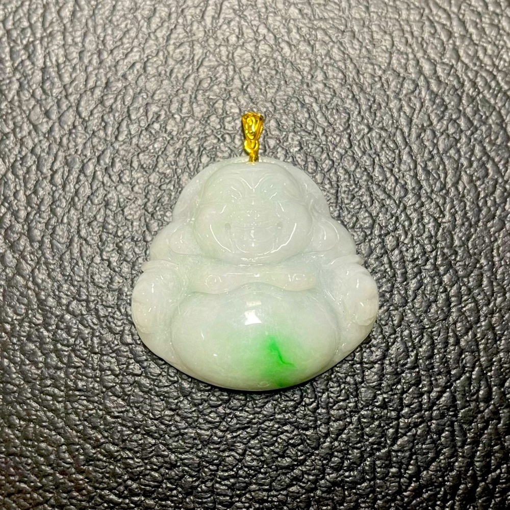 Natural Grade A Jadeite Pendant Happy Buddha With 18K Yellow Gold Bail
